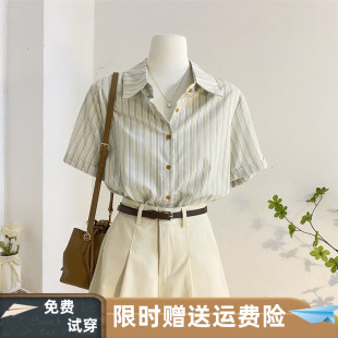 复古港风条纹衬衫 上衣 女夏季 设计感小众韩系ins风百搭小个子短袖