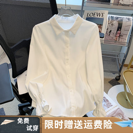学院风喇叭袖白色衬衫女上衣秋冬季新款宽松打底内搭叠穿加厚衬衣