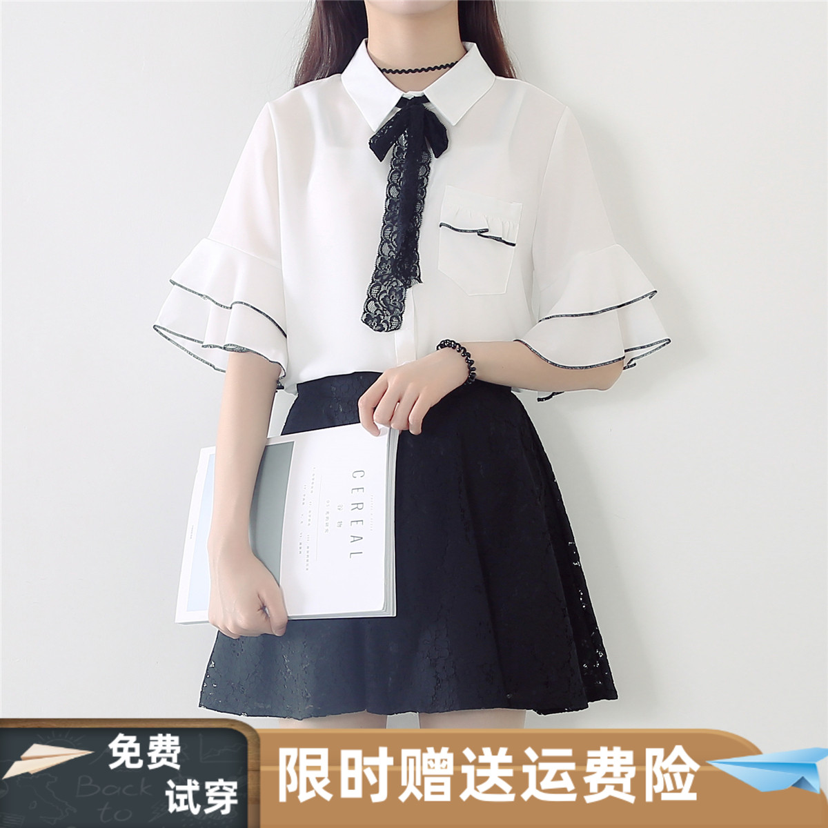 学院风系带蝴蝶结白色衬衫女喇叭袖百搭短袖雪纺纯色上衣2025夏季