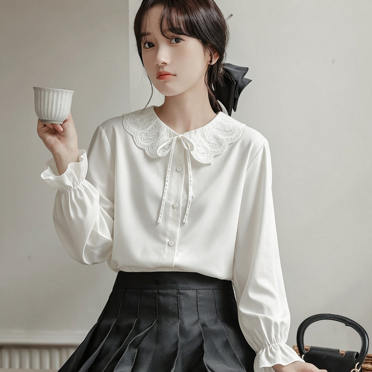日系甜美淑女娃娃领系带蝴蝶结白色衬衫女减龄通勤百搭叠穿上衣秋