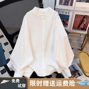 灯笼袖白色衬衫女长袖磨毛上衣韩版宽松港味立领泡泡袖衬衣2025秋