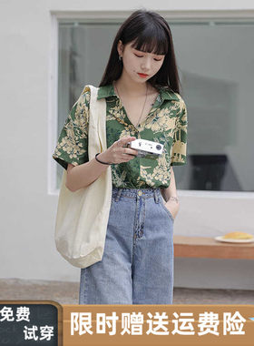 宽松港风短袖2024夏季上衣女衬衫