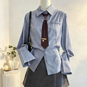 蓝色条纹长袖 学院风衬衣 减龄设计感小众收腰修身 衬衫 女2025秋新款