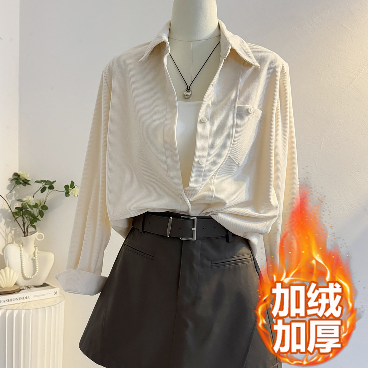 复古灯芯绒衬衫女加绒加厚长袖冬