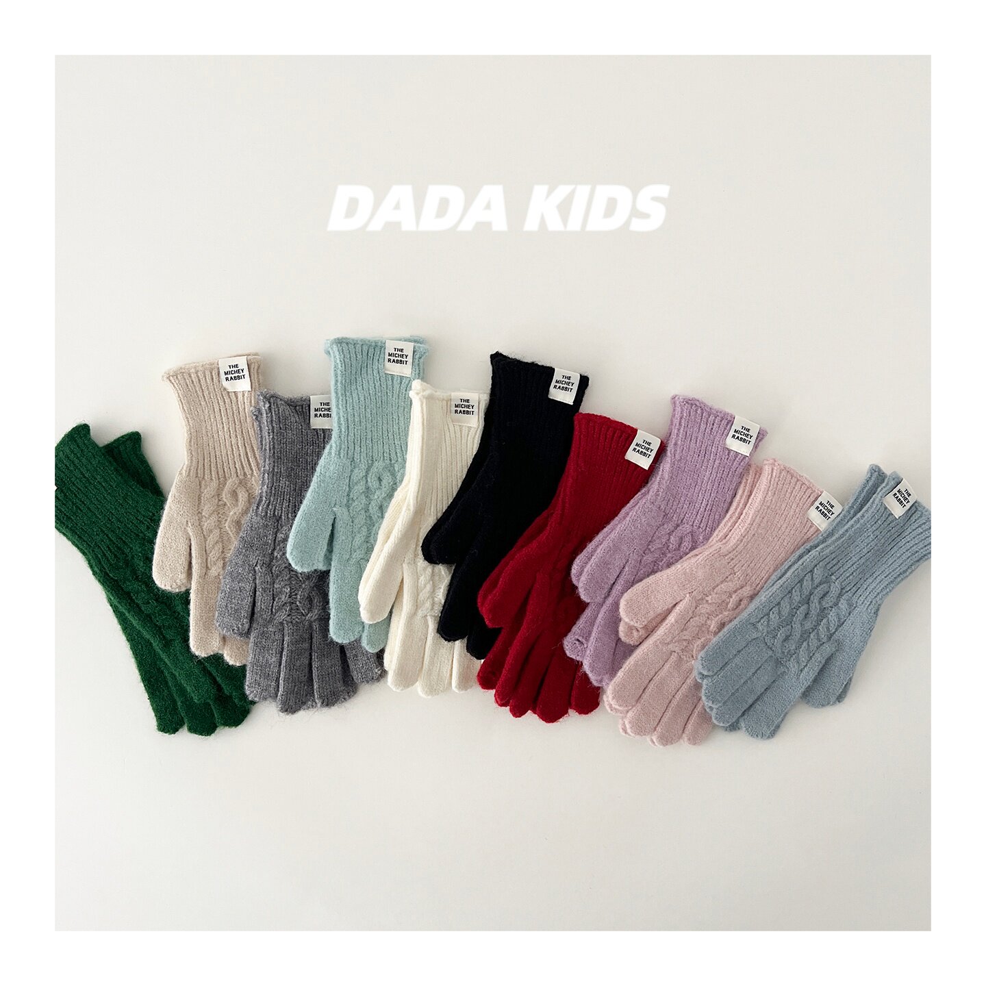 韩系麻花针织儿童分指手套秋冬学生写字保暖纯色简约布标五指手套