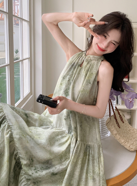 现货！新中式简约挂脖系带露肩连衣裙度假氛围公主裙5037P125P188