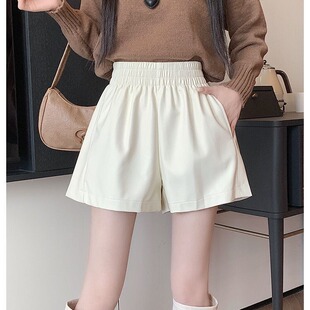 皮裤 时尚 秋冬新款 松紧腰阔腿靴裤 pu皮短裤 胖m遮肉显瘦a字热裤 韩版