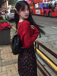 显瘦包臀a字短裙 茶歇内搭修身 复古红色碎花吊带连衣裙女春季 法式