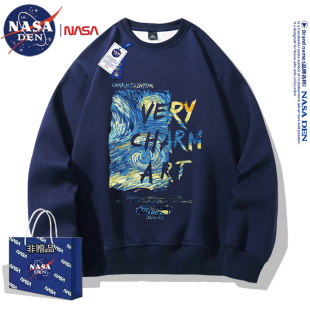 高街 ins宽松秋冬落肩袖 NASA联名2024年新款 圆领卫衣男情侣潮美式