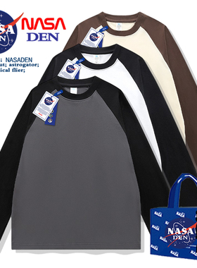 NASA联名春秋季纯棉插肩长袖t恤男女款美式内搭撞色拼接上衣服衫