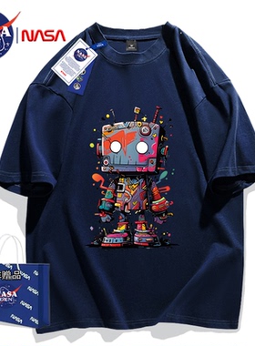 NASA联名百搭时尚印花重磅纯棉五分袖男女款T恤宽松夏季潮流短袖