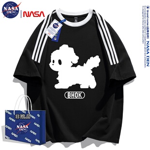 NASA联名美式 重磅纯棉t恤男女三条杠夏季 潮流五分袖 百搭印花短袖