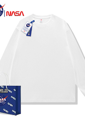 NASA联名美式纯棉重磅t恤男女长袖纯棉宽松原创纯色白色打底衫服