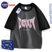 潮流宽松撞色大码 NASA联名女短袖 插肩五分袖 新款 圆领 T恤纯棉夏季