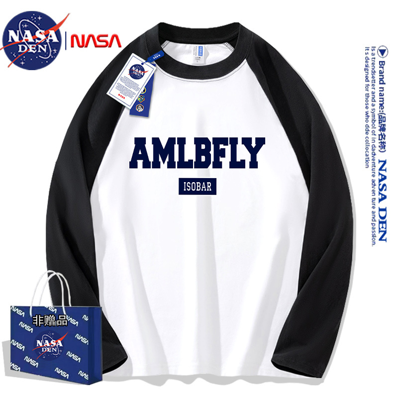 NASA联名纯棉简约美式撞色长袖T恤男简约秋季hiphop插肩拼接T恤