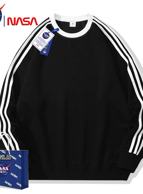 NASA联名美式加绒三条杠长袖卫衣男女款秋冬季保暖加厚内搭打底衫