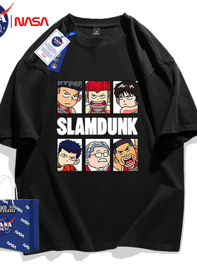 NASA联名嘻哈美式印花重磅纯棉五分袖男女款oversize宽松T恤短袖