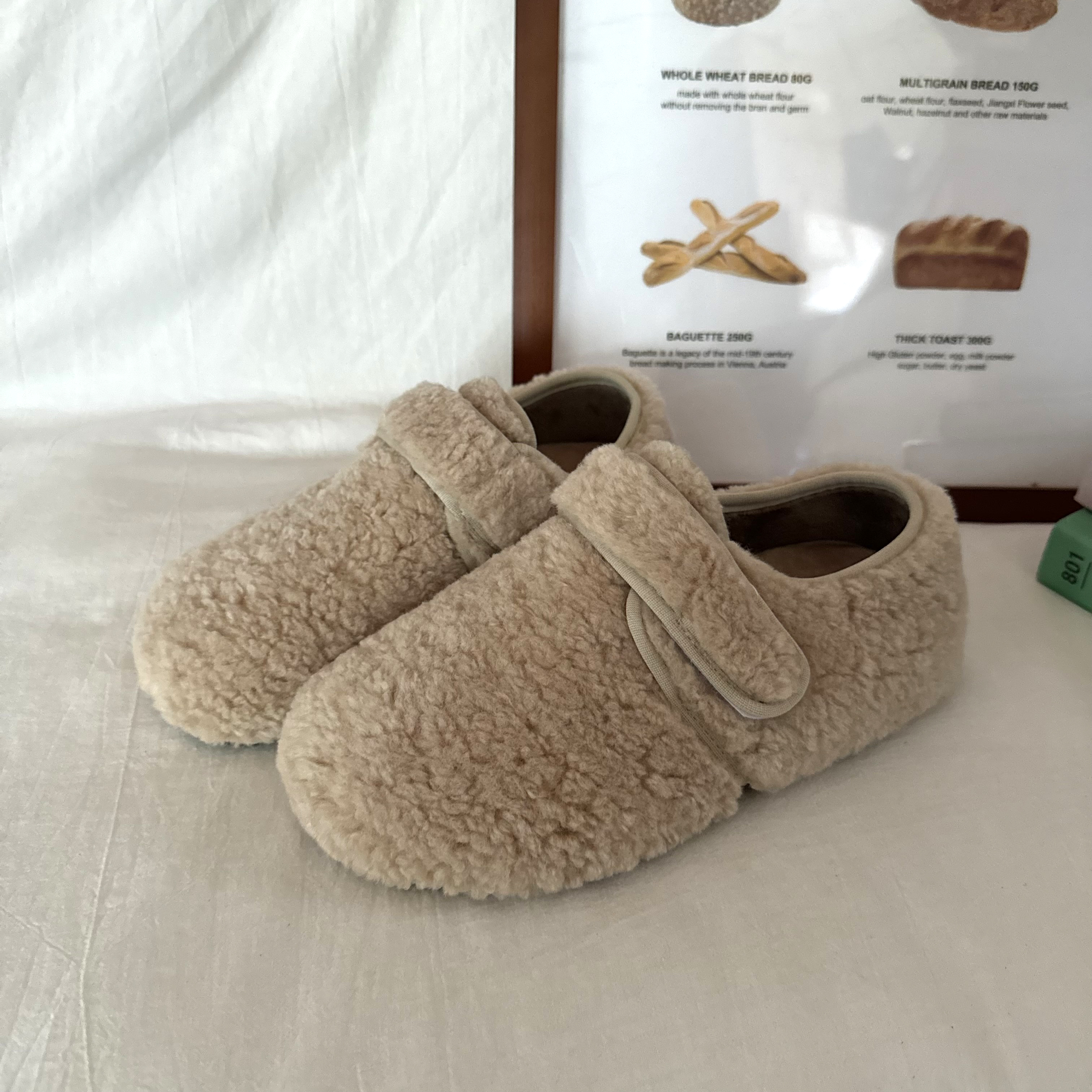 林先叁 新款毛毛鞋女外穿加绒勃肯鞋豆豆鞋一脚蹬魔术贴加绒棉鞋