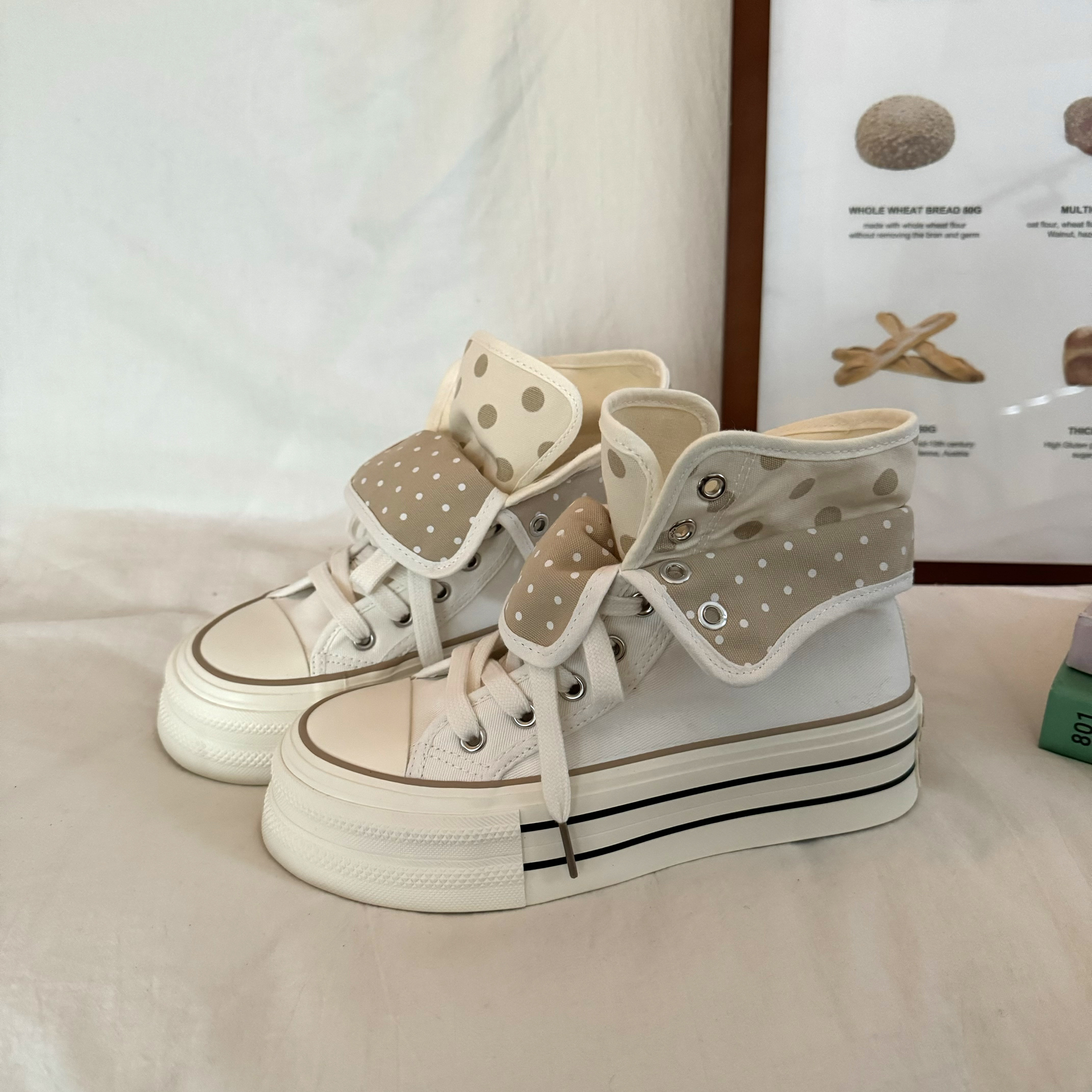 林先叁 韩版波点高帮帆布鞋女厚底小白鞋交叉绑带小众百搭板鞋