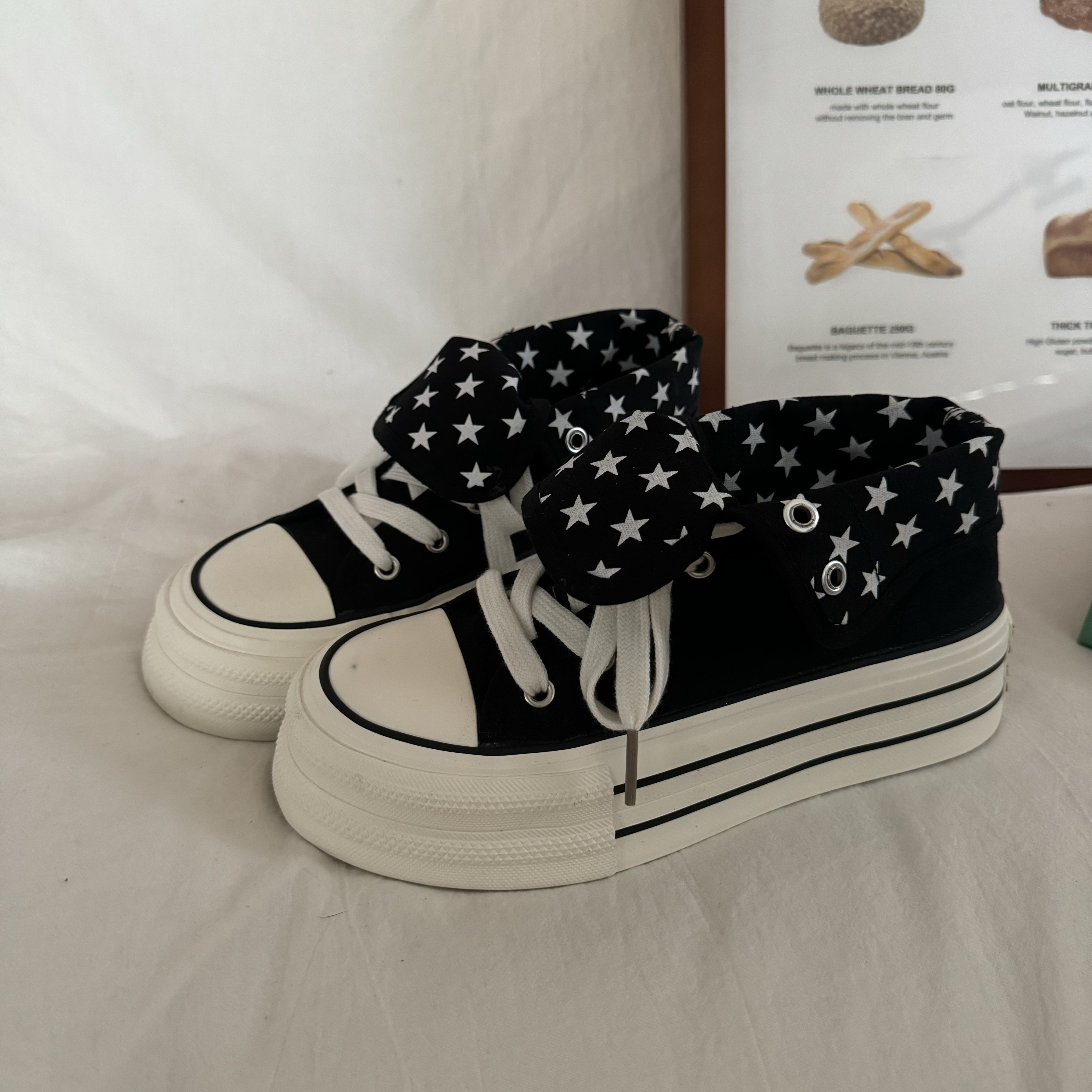 林先叁 韩版星星厚底帆布鞋女高帮圆头交叉绑带百搭休闲板鞋潮