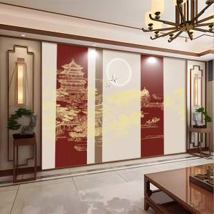 中国风轻奢线条山水红金色客厅餐厅茶室包间背景墙壁布壁画 新中式