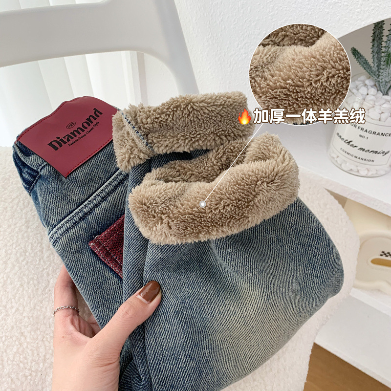 男童一体羊羔绒牛仔裤儿童加绒加厚裤子冬季北方一条过冬保暖长裤