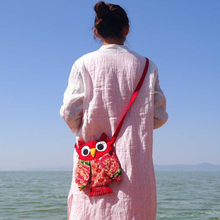 化境新款民族风手工布艺可爱礼物小孩女童包猫头鹰单肩斜跨大号包