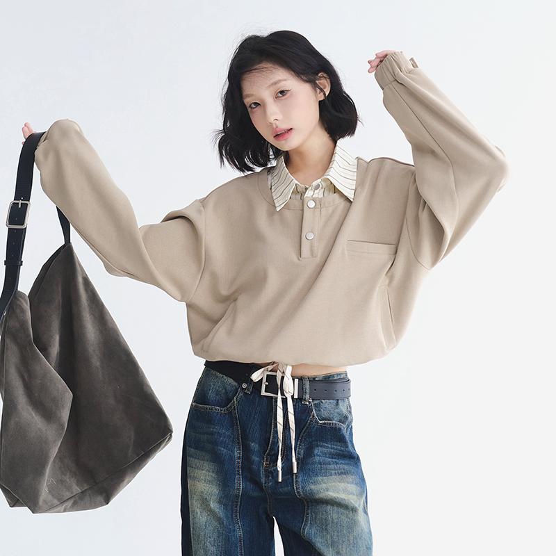 万有引力博物馆 假两件衬衫领短款卫衣女春季2025年新款春装上衣K