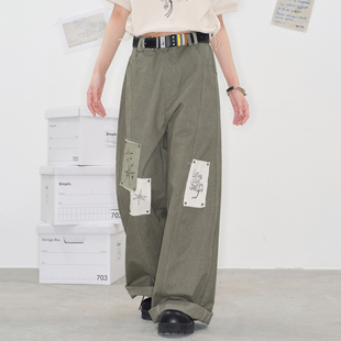 长裤 万有引力博物馆「像素补丁」原创图案贴布牛仔裤 女宽松直筒裤