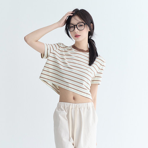 万有引力博物馆短款正肩条纹短袖T恤女夏季2024新款夏装露腰上衣K