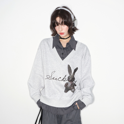 万有引力博物馆衬衫领假两件兔子印花卫衣女春秋款宽松中性风上衣