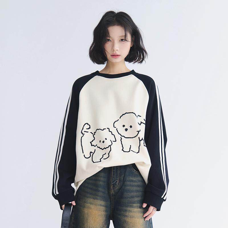 万有引力博物馆 狗狗印花拼接撞色卫衣女春秋款宽松插肩袖上衣