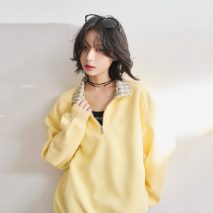 宽松上衣K 2025新款 万有引力博物馆 格子拼接半拉链立领卫衣女秋季