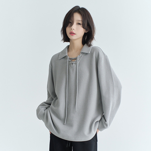 宽松纯色上衣 2023年新款 万有引力博物馆 粗针织系带翻卫衣女秋季