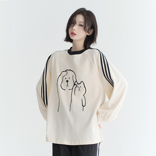 万有引力博物馆 小狗敬礼圆领卫衣女秋季2025新款长袖T恤宽松上衣