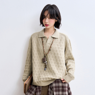 万有引力博物馆方格纹翻领毛衣女春秋款 宽松纯色Polo领上衣针织衫