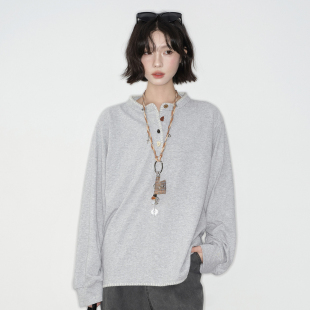 随性慵懒风亨利领长袖 ü线下店同款 T恤 wink 万有引力博物馆