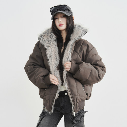 万有引力博物馆座山雕立领棉服女冬季宽松棉衣PU皮外套夹棉皮夹克