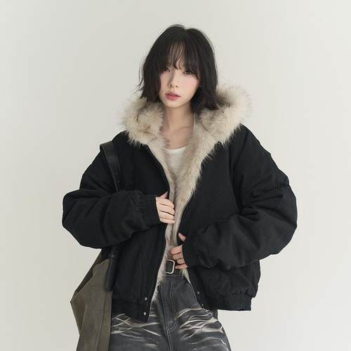 万有引力博物馆毛绒连帽棉服女冬季新款棉袄宽松棉衣纯色夹棉外套