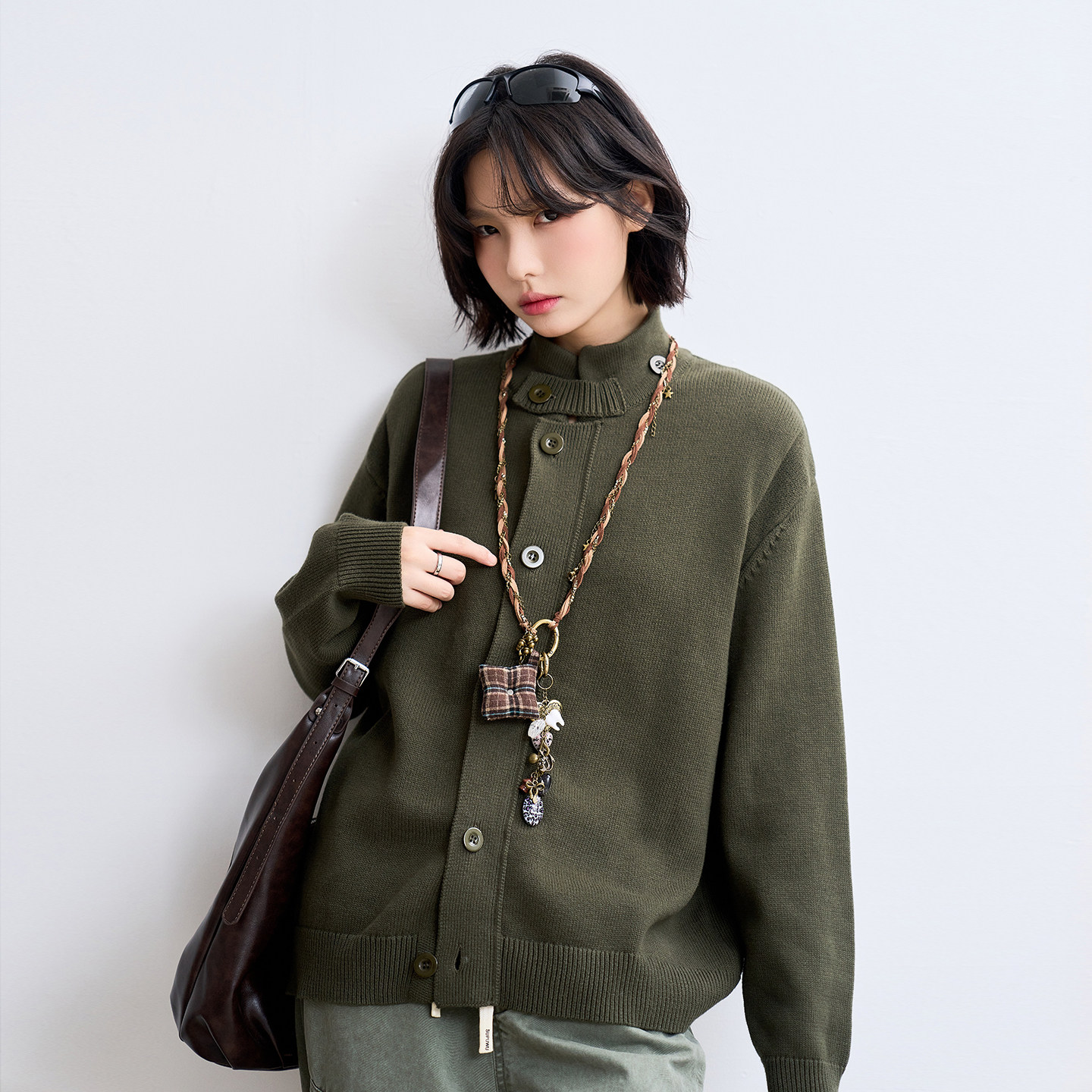 万有引力博物馆 立领开衫毛衣女秋季2025新款宽松针织衫上衣外套