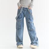 大口袋背带牛仔裤 长裤 女春秋款 休闲裤 宽松直筒裤 万有引力博物馆