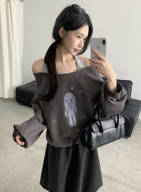 万有引力博物馆 假两件撞色露肩印花卫衣女春秋款宽松空气层上衣K