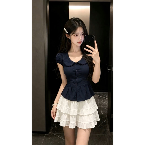 娃娃领掐腰显瘦衬衫女夏季韩系
