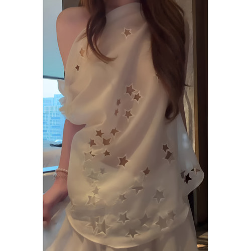 韩系复古白色绣花镂空设计无袖上衣女夏季宽松斜肩两穿高级感背心