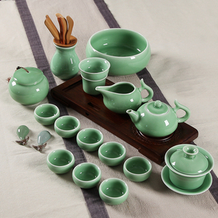 龙泉青瓷茶道18件家用冰裂陶瓷茶杯茶海功夫茶具套装 盖碗礼品 包邮
