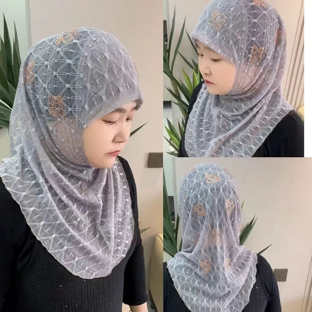 新款蕾丝烫钻盖头百搭方便妈妈套头纱巾夏季薄款女士头巾舒适透气