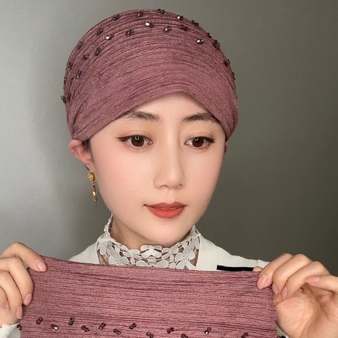 洋气妈妈款包头家常手工串珠双层舒适保暖帽发带帽时尚遮白发