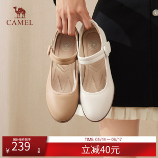 骆驼女鞋春秋季牛皮玛丽珍妈妈鞋坡跟镂空真皮单鞋女小皮鞋