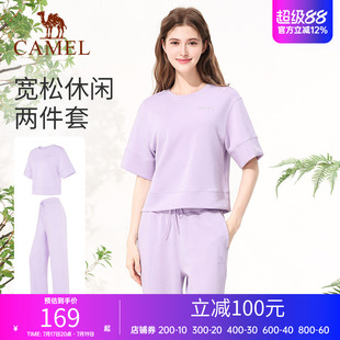骆驼休闲套装女款春季宽松时尚运动套装透气显瘦健身服短袖两件套