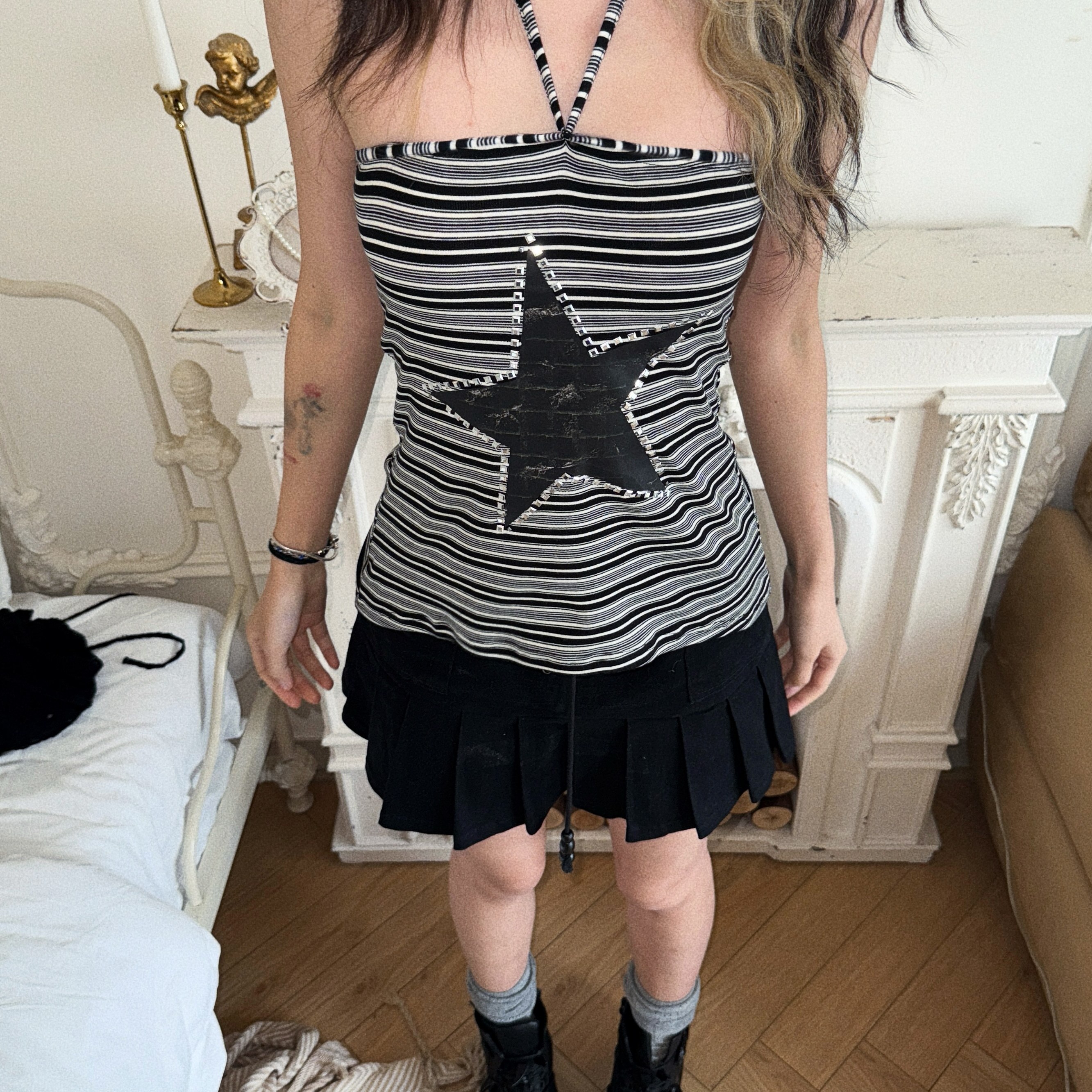 Steam Fish【锈迹星星】美式辣妹印花烫钻条纹背心挂脖吊带夏上衣,女装/女士精品,背心吊带,淘宝优惠券,粉丝福利购,淘宝优惠卷